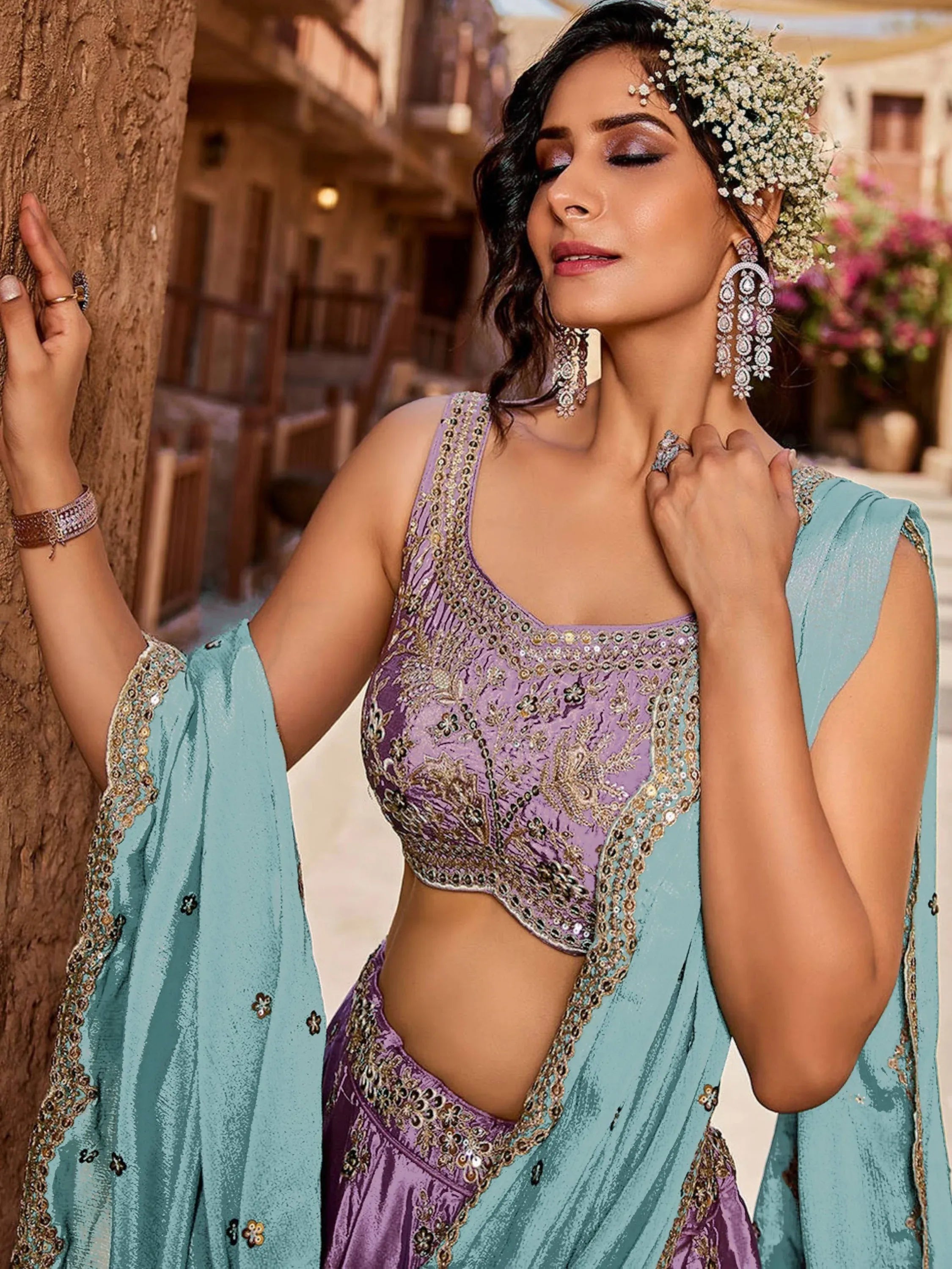 Glorious Lavender Embroidered Silk Sangeet Wear Lehenga Choli