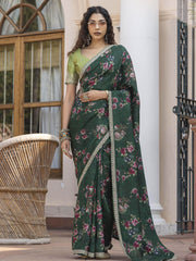 Stylish Dark Green Silk Floral Printed Saree With Blouse