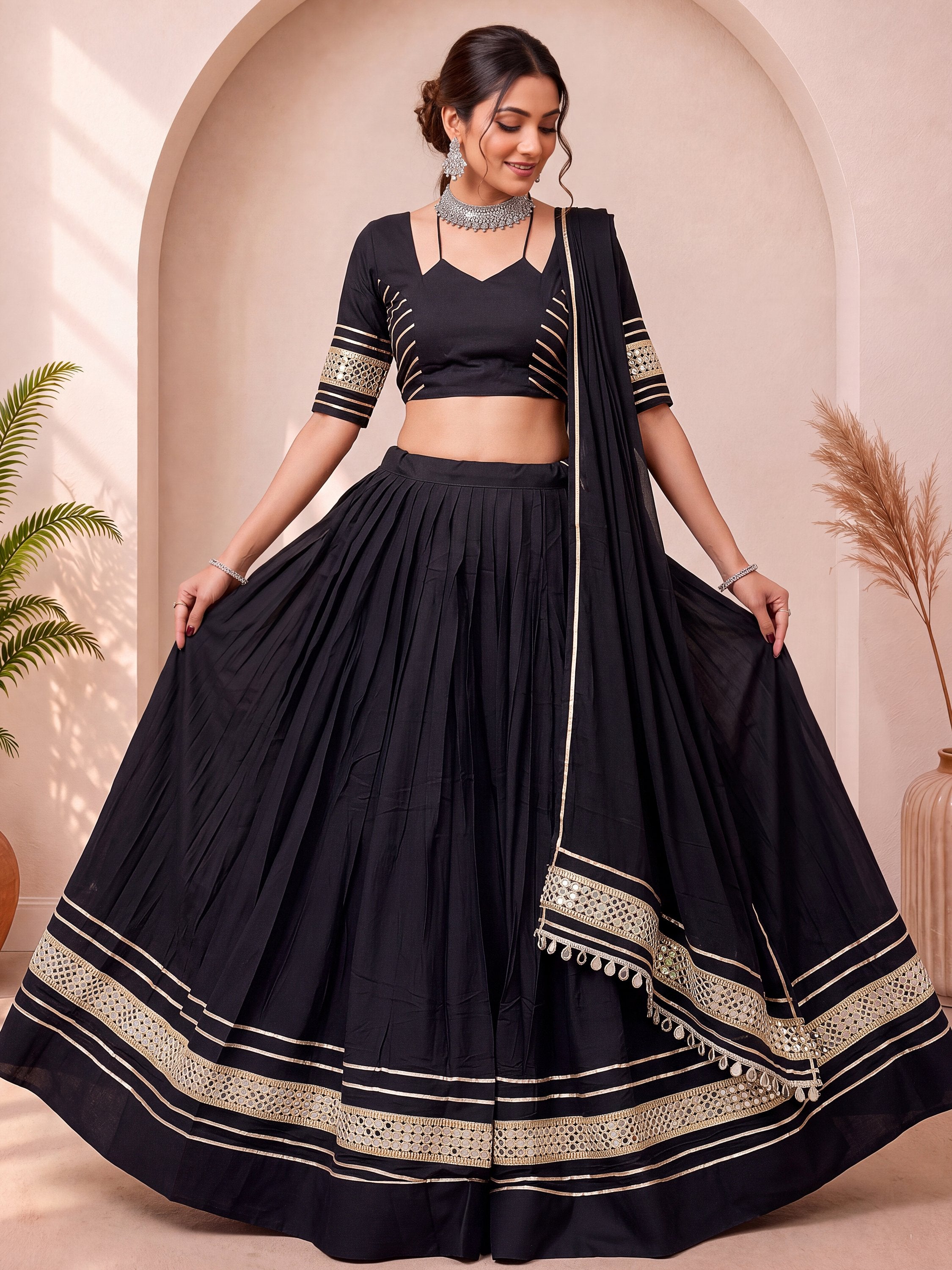 Enchanting Black Gota Laced Cotton Navratri Lehenga With Blouse