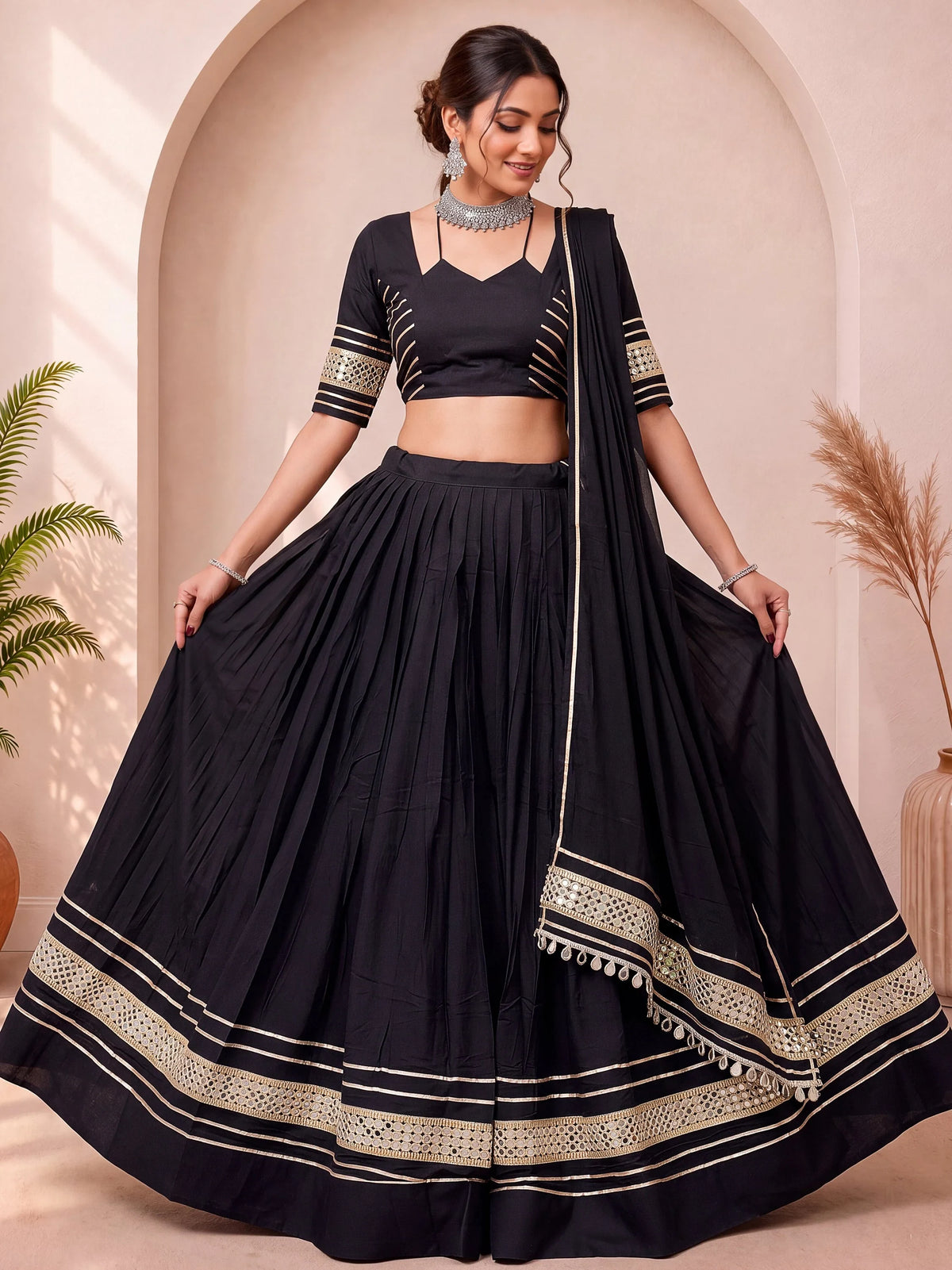 Enchanting Black Gota Laced Cotton Navratri Lehenga With Blouse