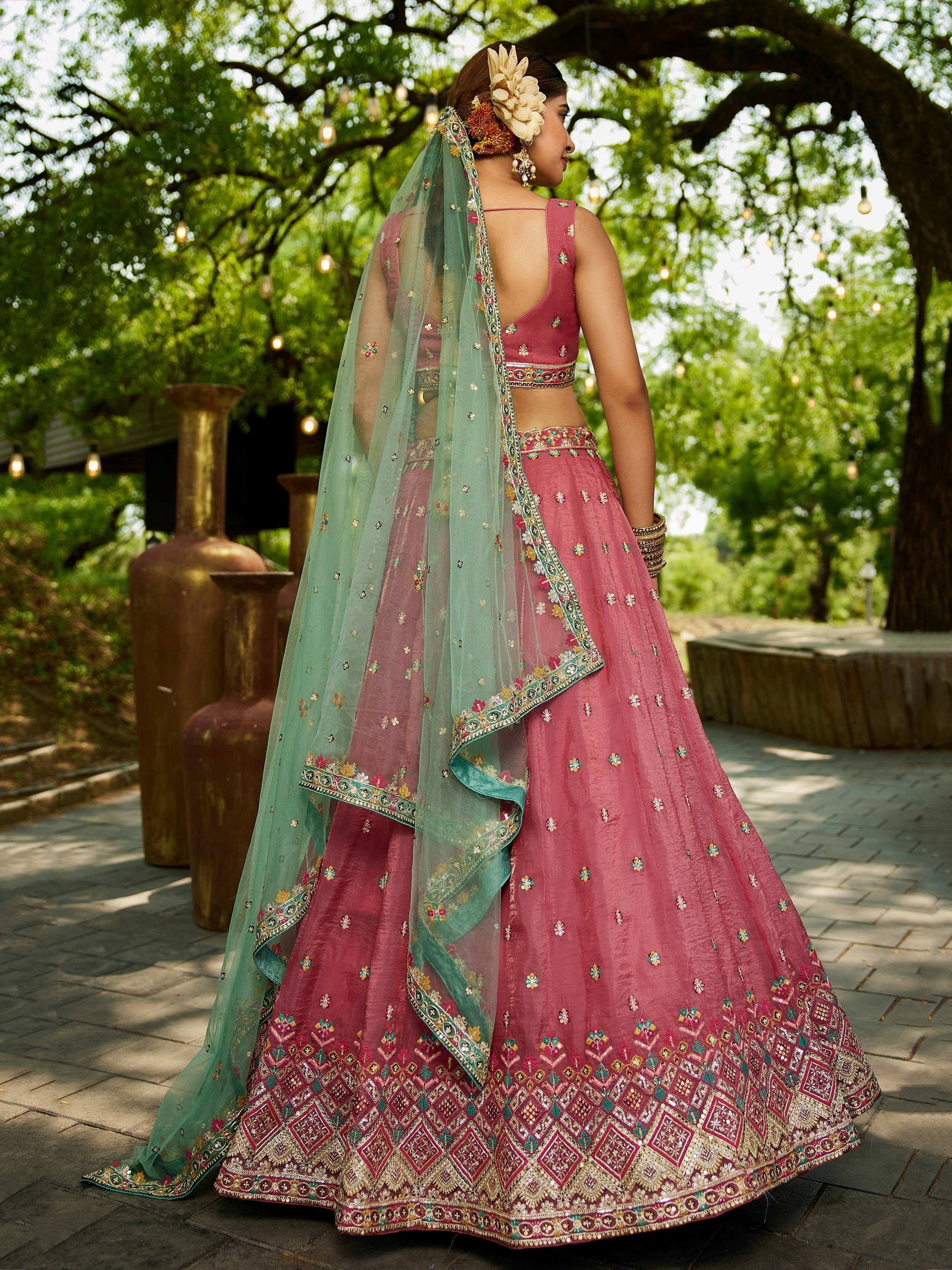 Pink embroidered lehenga choli with green dupatta, Indian ethnic wear for weddings