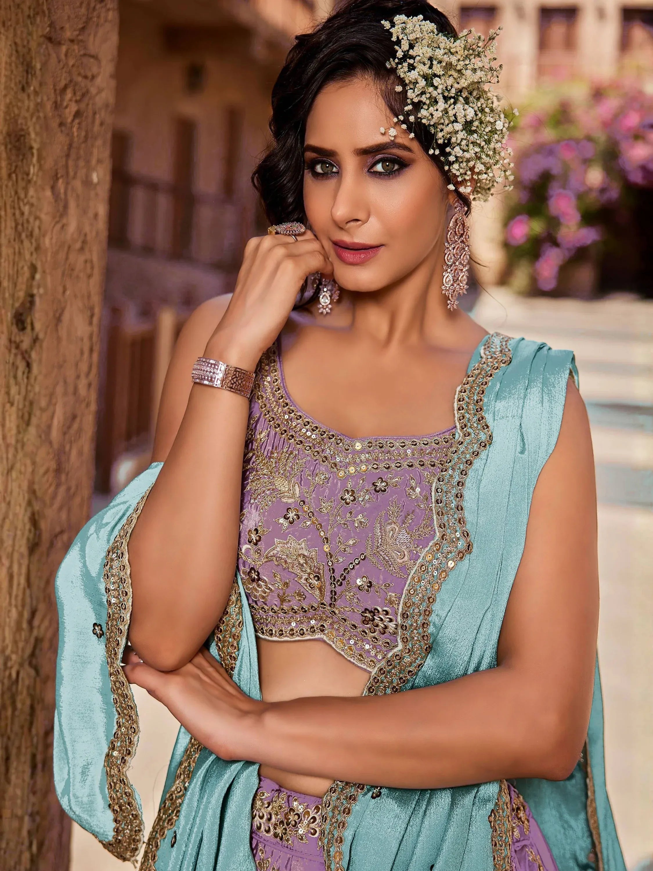 Glorious Lavender Embroidered Silk Sangeet Wear Lehenga Choli