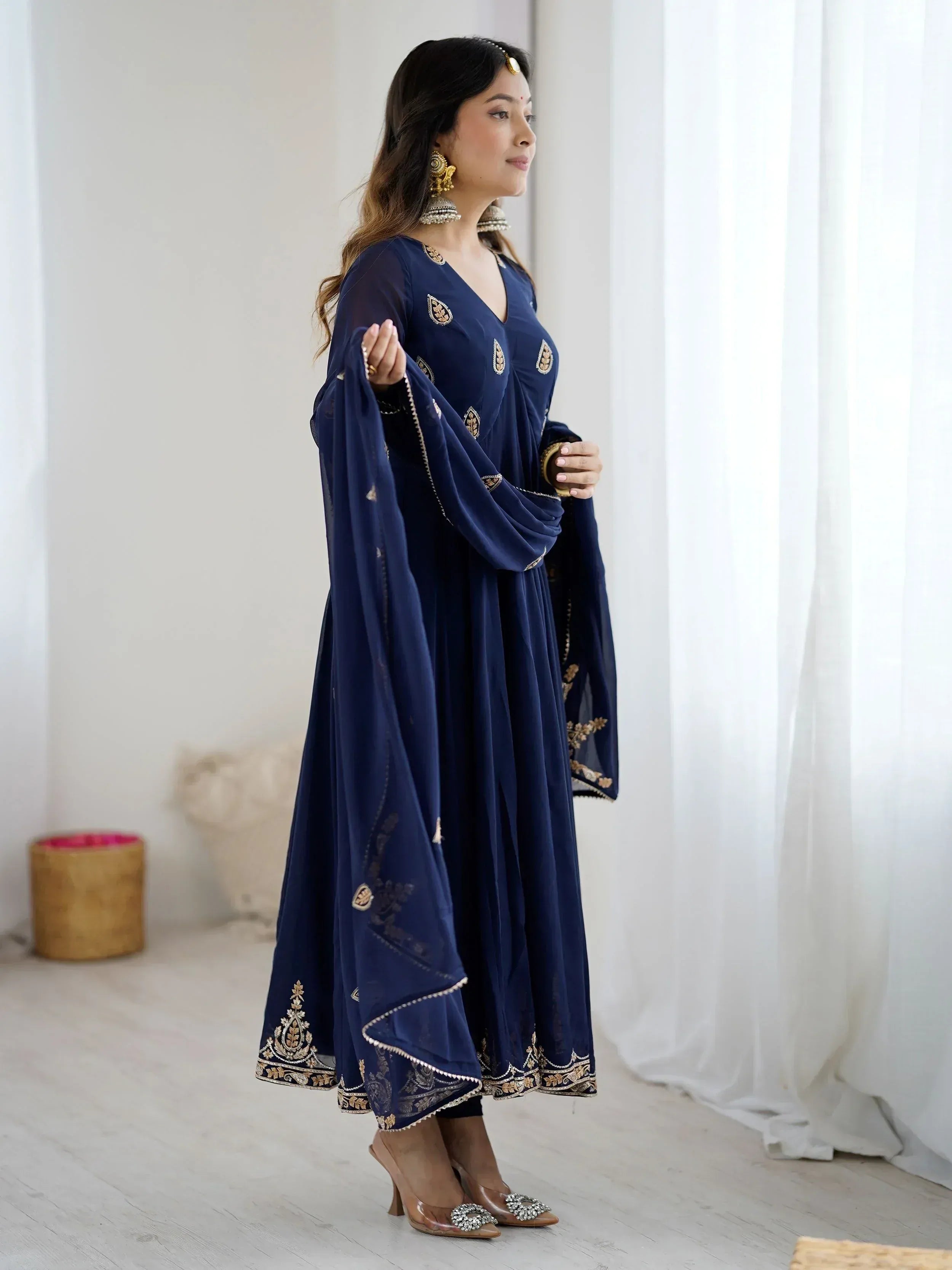 Navy blue embroidered anarkali suit with gold detailing, perfect for Indian ethnic occasions