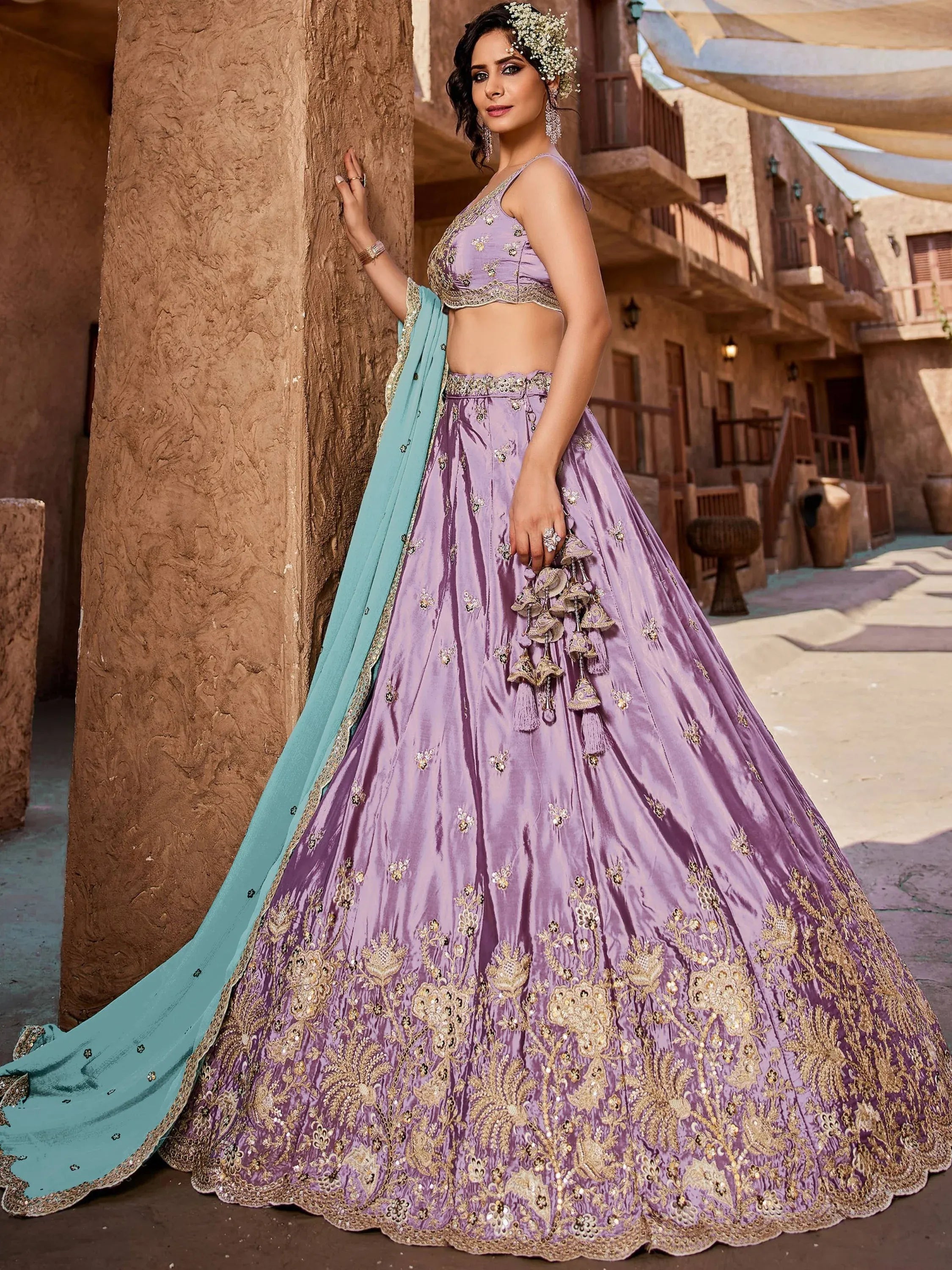 Glorious Lavender Embroidered Silk Sangeet Wear Lehenga Choli