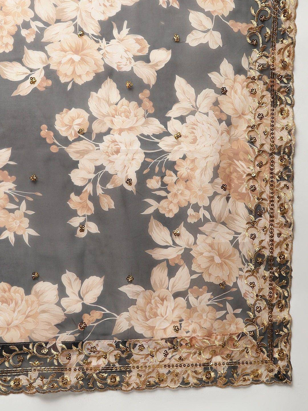 Grey floral dupatta with gold embroidery and sequins, perfect for ethnic wear