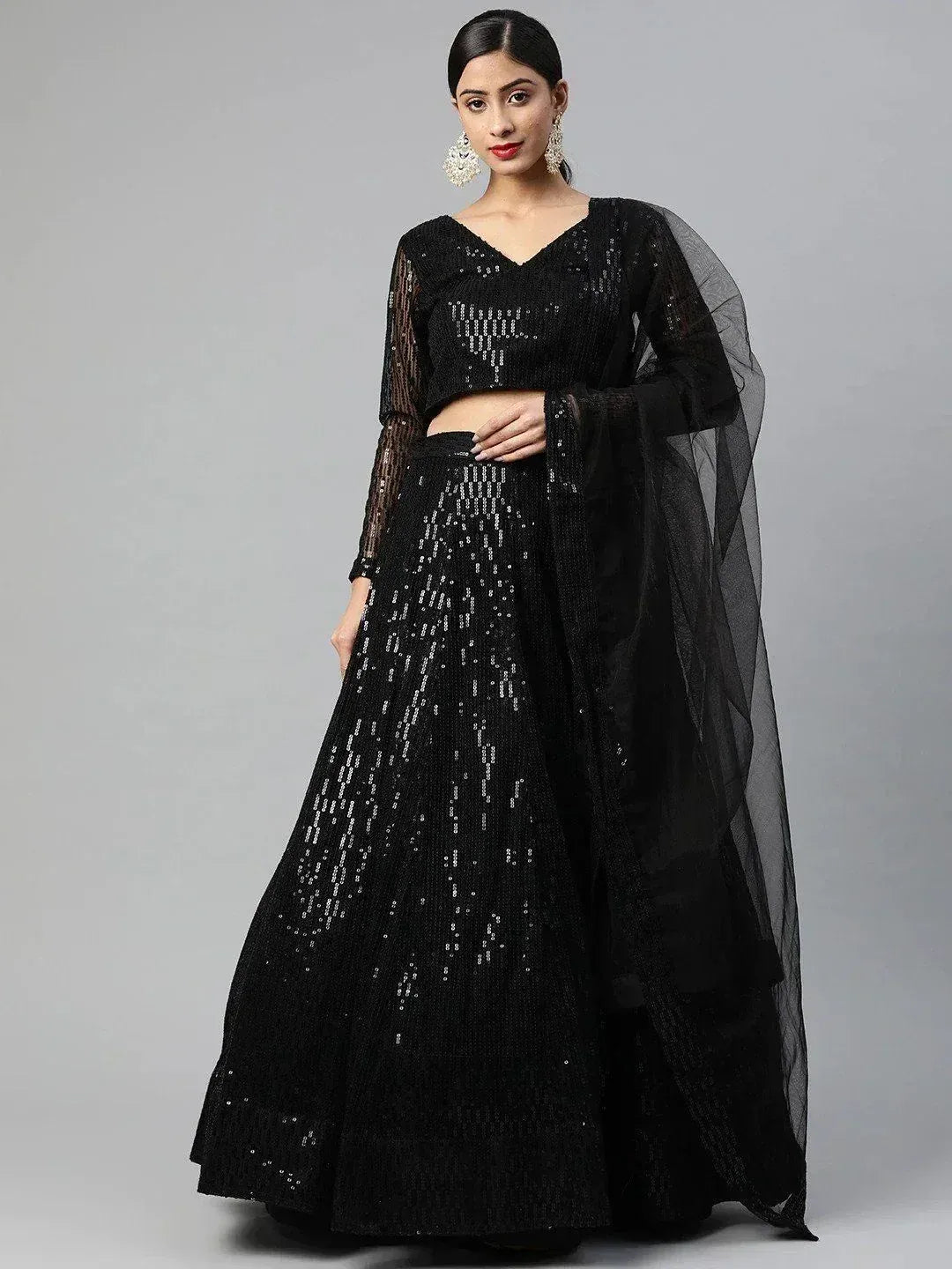 Black sequin lehenga choli with sheer dupatta, ethnic Indian wear for weddings and parties