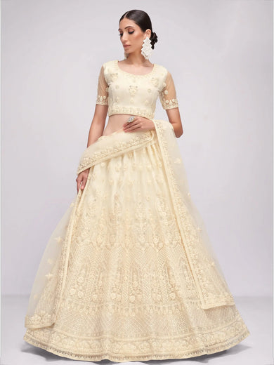 Glamorous Off-White Sequins Embroidery Net Monochrome Lehenga Choli