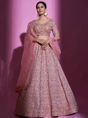 Lovely Peach Thread Embroidered Georgette Lehenga Choli