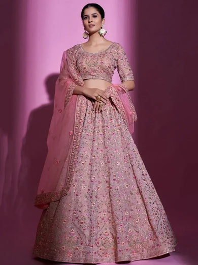 Lovely Peach Thread Embroidered Georgette Lehenga Choli