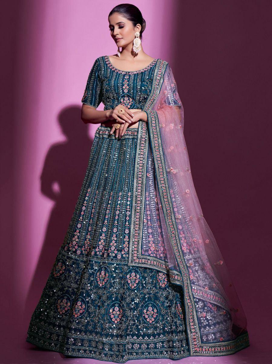 Teal embroidered lehenga choli with pink dupatta, Indian ethnic wear for weddings and parties