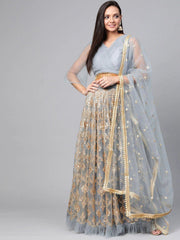 Grey & Golden Semi-Stitched Embellished Myntra Lehenga & Unstitched Blouse with Dupatta