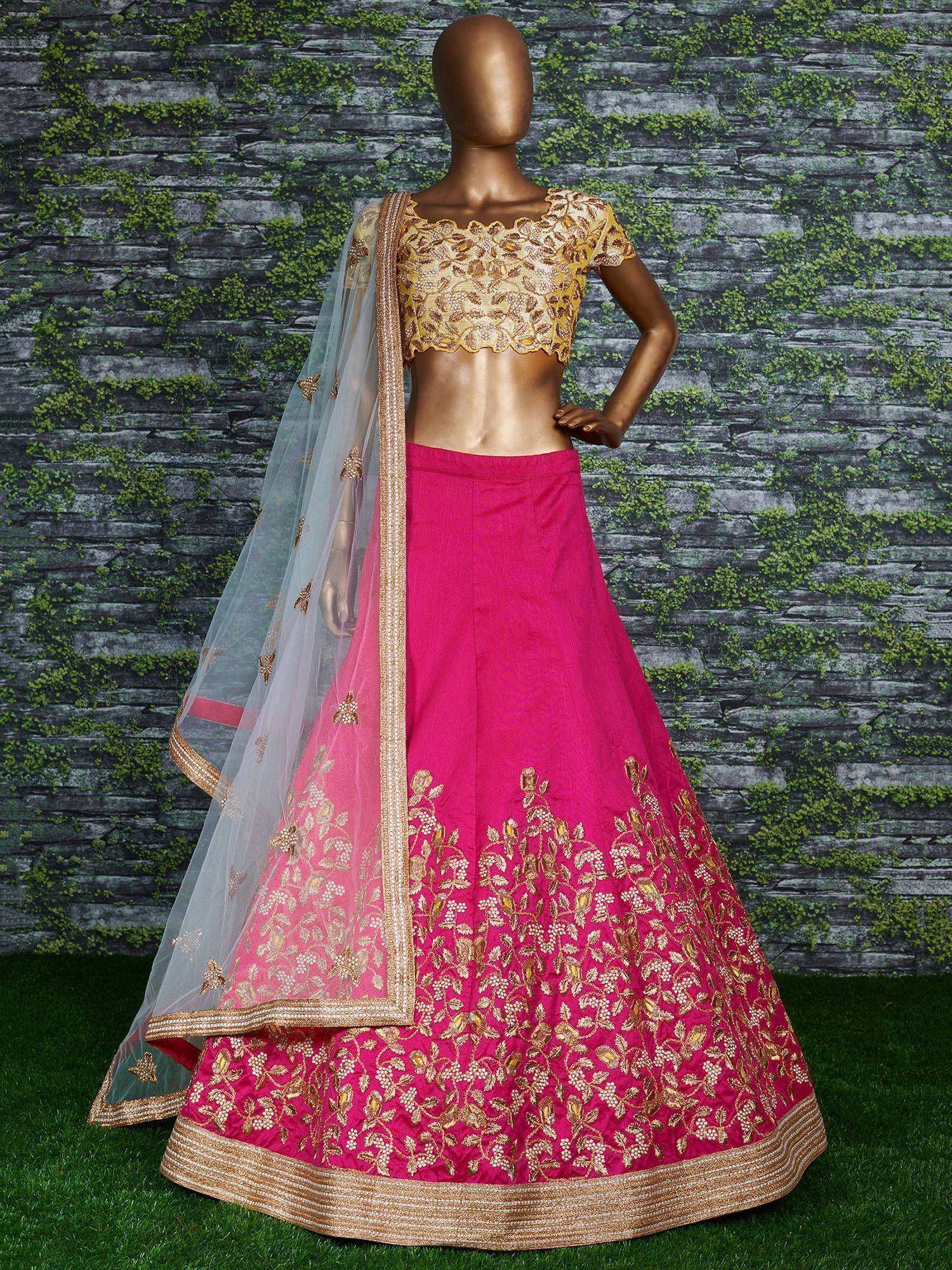 Pink and gold embroidered lehenga choli with sheer dupatta, Indian ethnic wear for weddings