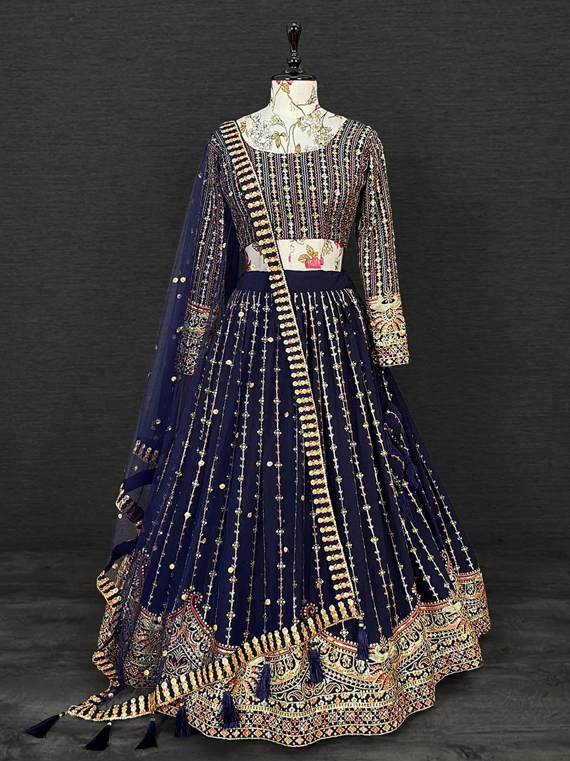 Navy blue embroidered lehenga choli with floral blouse and tassel dupatta, Indian ethnic wear