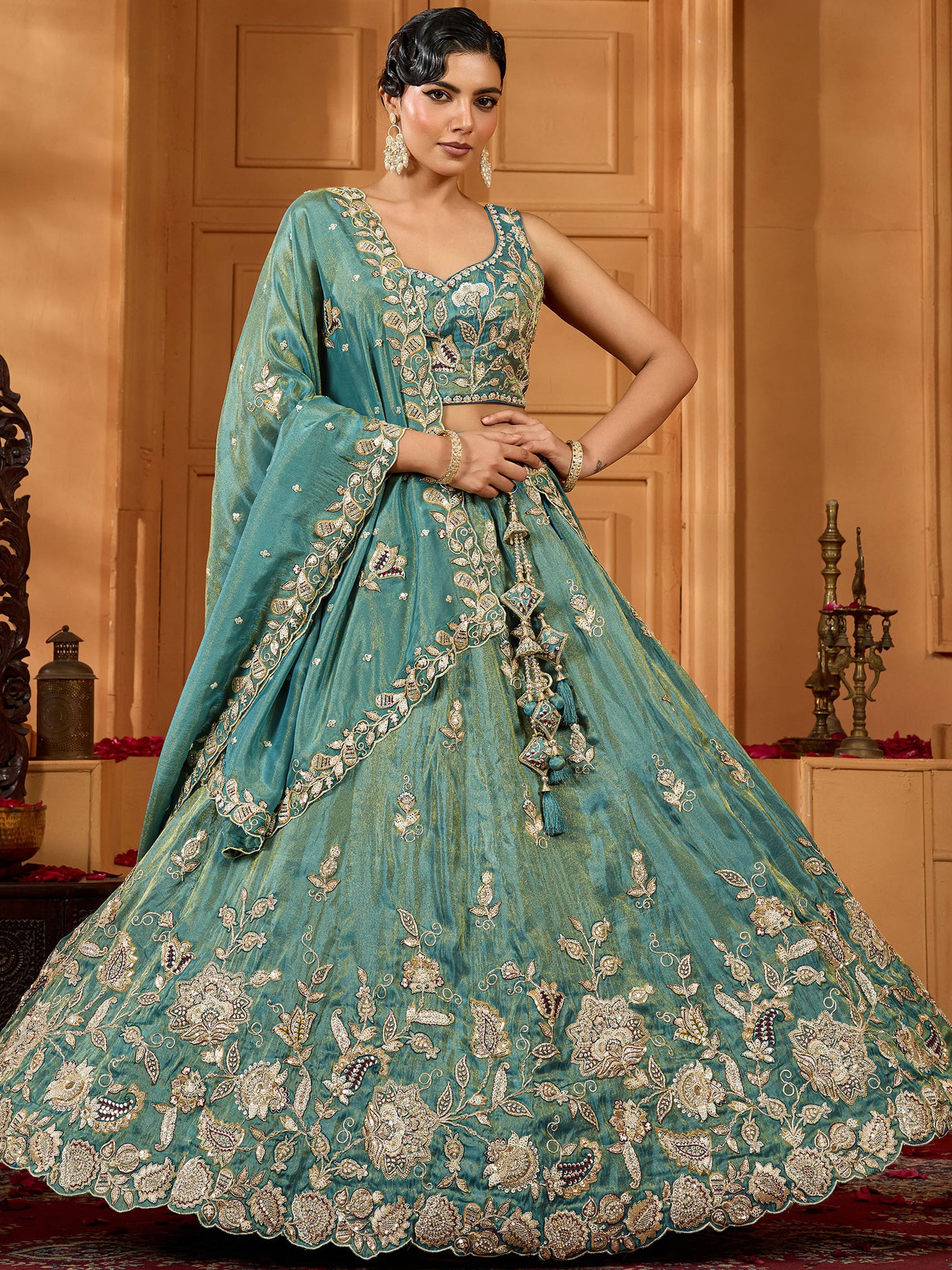 Graceful Teal Blue Floral Embroidery Tissue Traditional Lehenga Choli