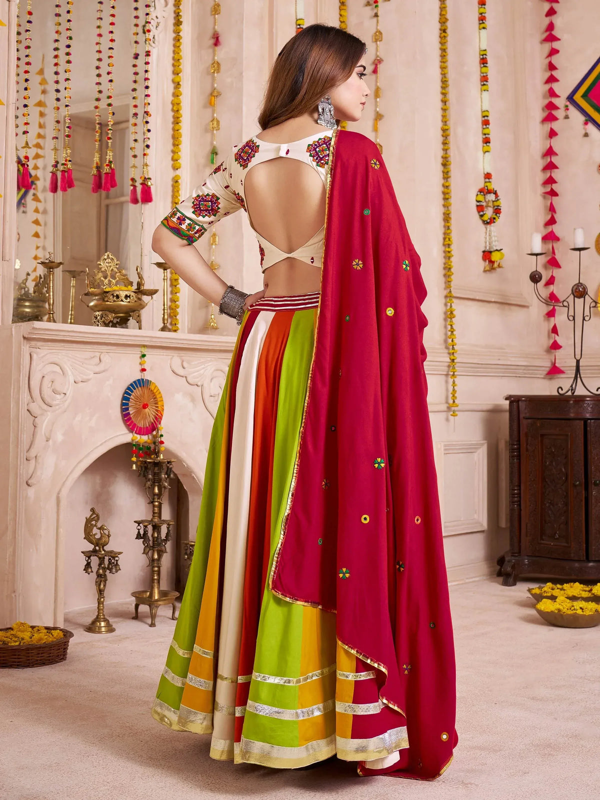 Colorful Indian lehenga choli with embroidered blouse and dupatta, festive ethnic wear