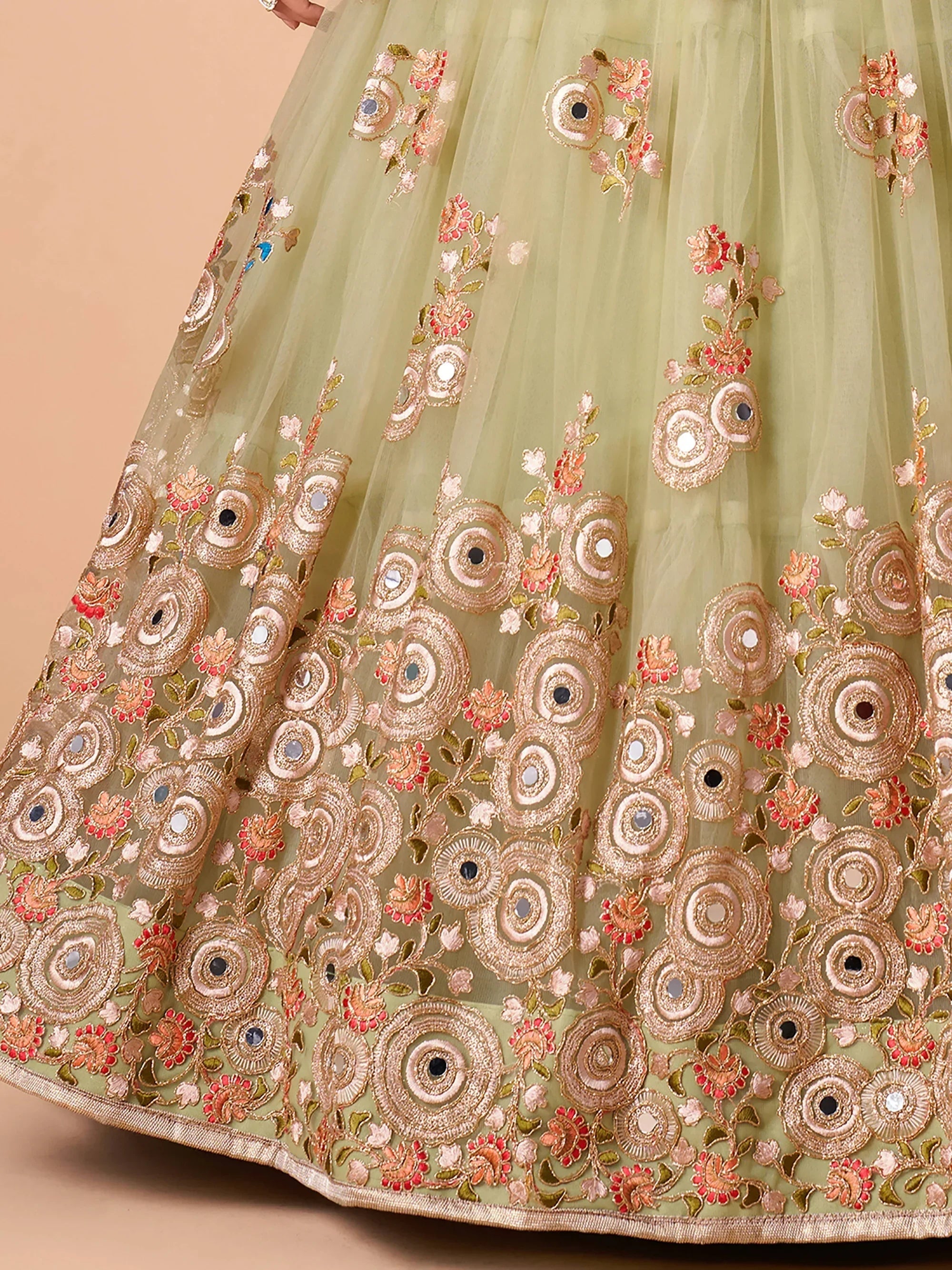Impressive Pista Green Net Embroidered Wedding Lehenga Choli