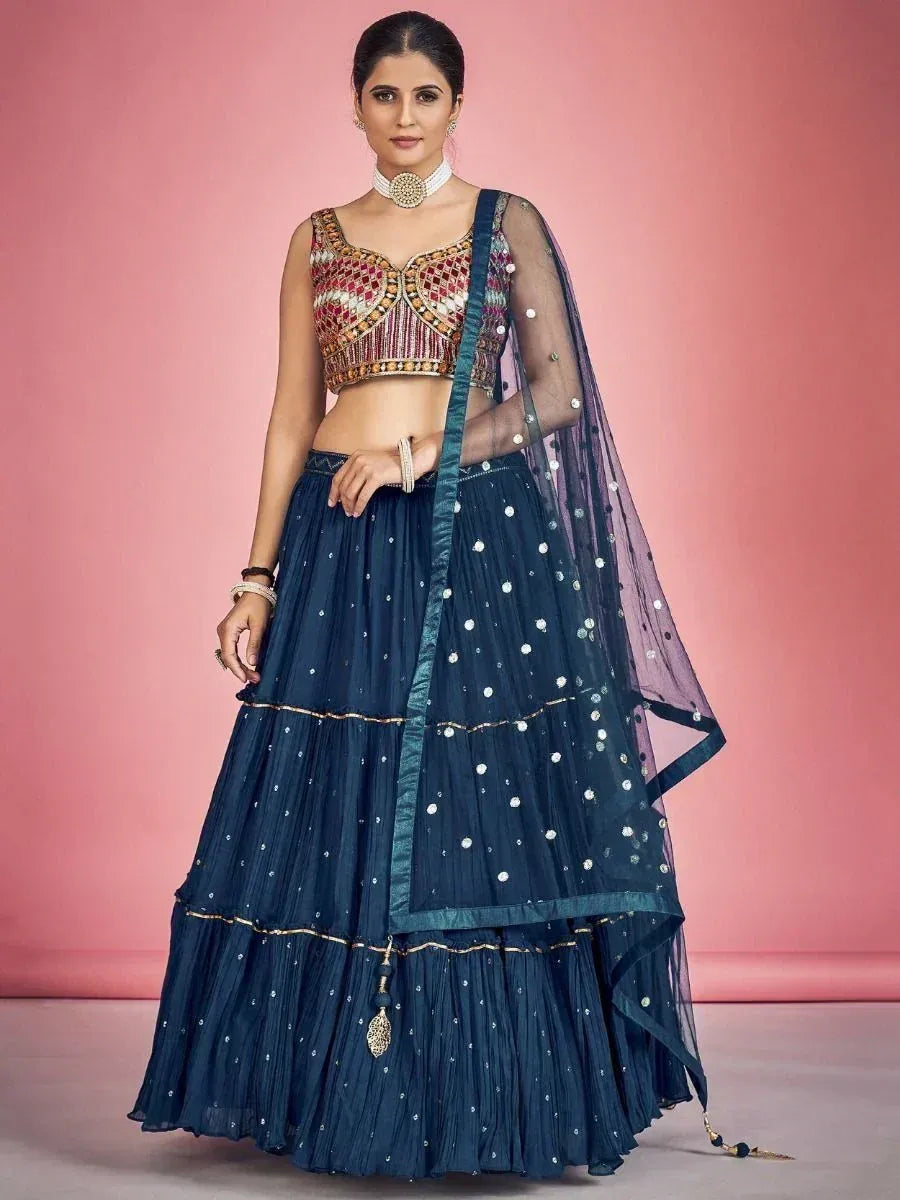 Navy blue lehenga choli with embroidered blouse and sequin skirt, perfect for Indian ethnic wear occasions