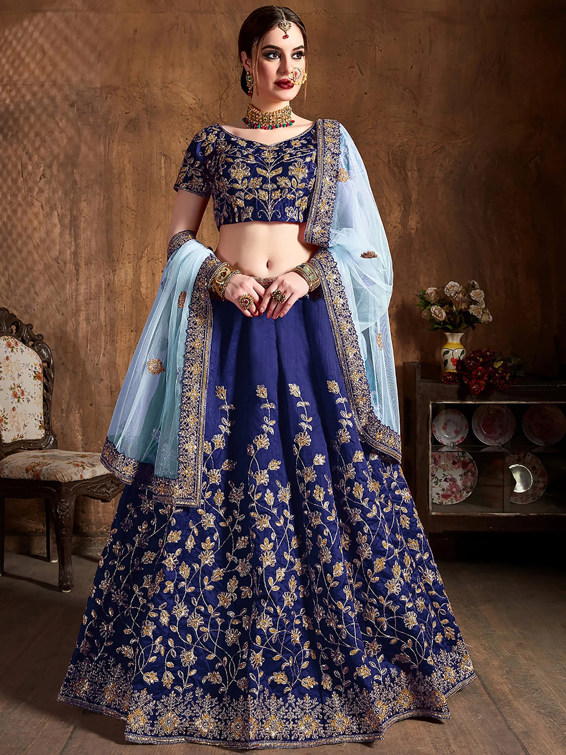 Attractive Blue Embroidered Silk Bridesmaid Plus Size Lehenga Choli