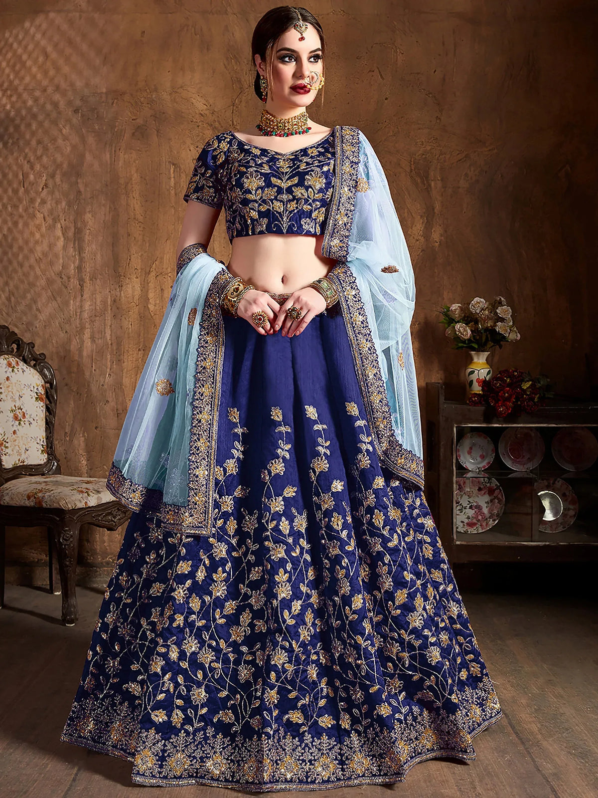 Attractive Blue Embroidered Silk Bridesmaid Plus Size Lehenga Choli