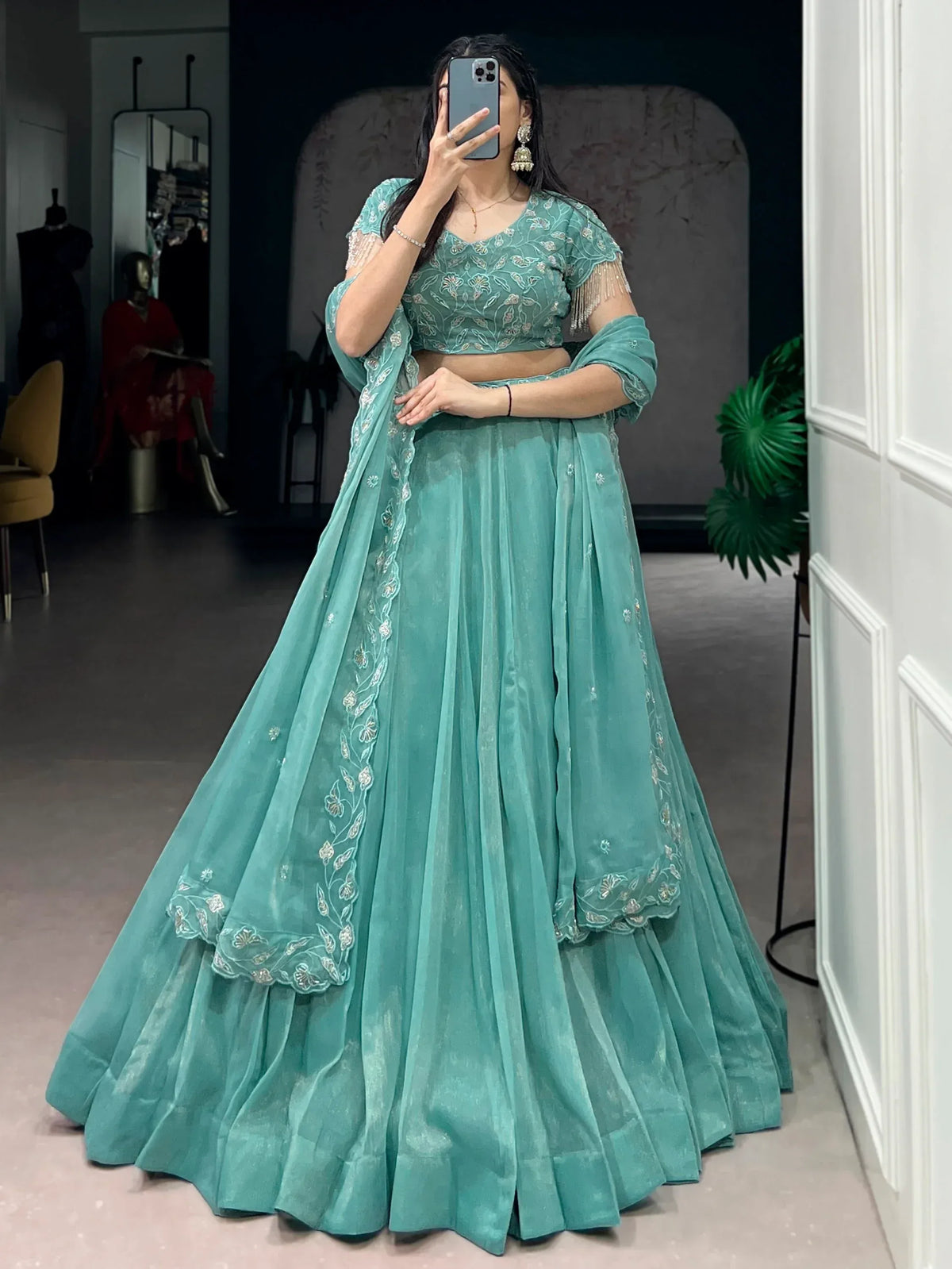 Stunning Sea Green Bead Work Organza Mehendi Wear Lehenga With Blouse