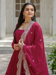 Gorgeous Rani Pink Georgette Wedding Wear Plain Gown With Dupatta