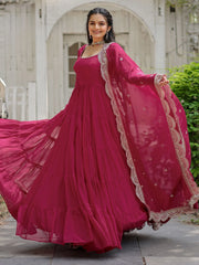 Gorgeous Rani Pink Georgette Wedding Wear Plain Gown With Dupatta