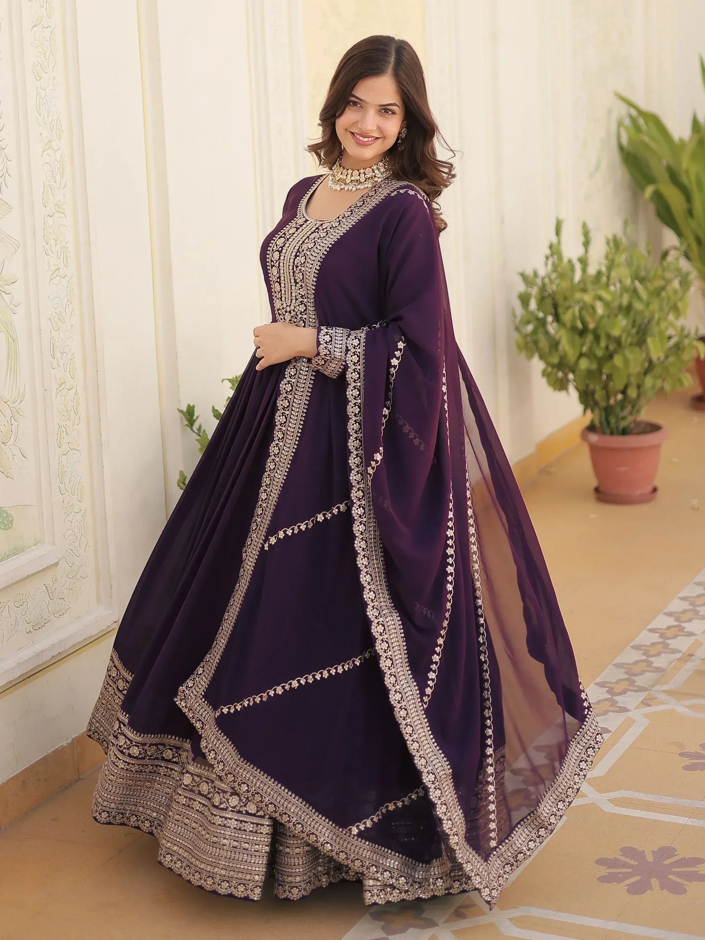 Lavender ethnic gown with colorful folk art print, ruffled sleeves, and gold embroidery for women