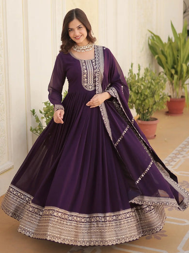 Beautiful Wine Sequins Georgette Reception Wear Gown With Dupatta