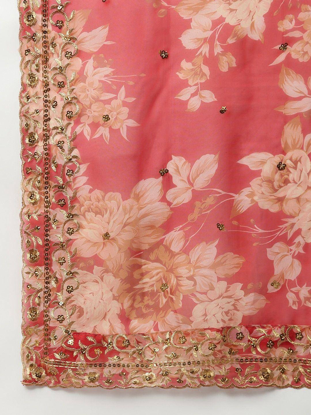 Pink floral dupatta with gold embroidery and sequin detailing for ethnic wear