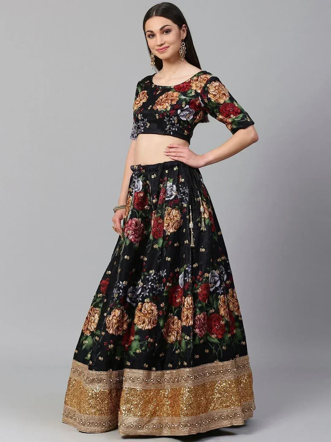 Black floral lehenga choli with gold border, Indian ethnic wear for women