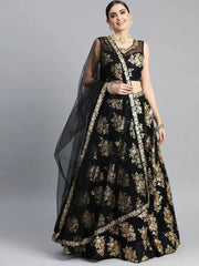 Black & Golden Sequinned Semi-stitched Myntra Lehenga & Blouse With Dupatta