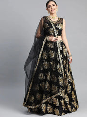Black & Golden Sequinned Semi-stitched Myntra Lehenga & Blouse With Dupatta