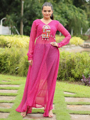 Stylish Pink Printed Georgette Navratri Wear Open Long Kurti