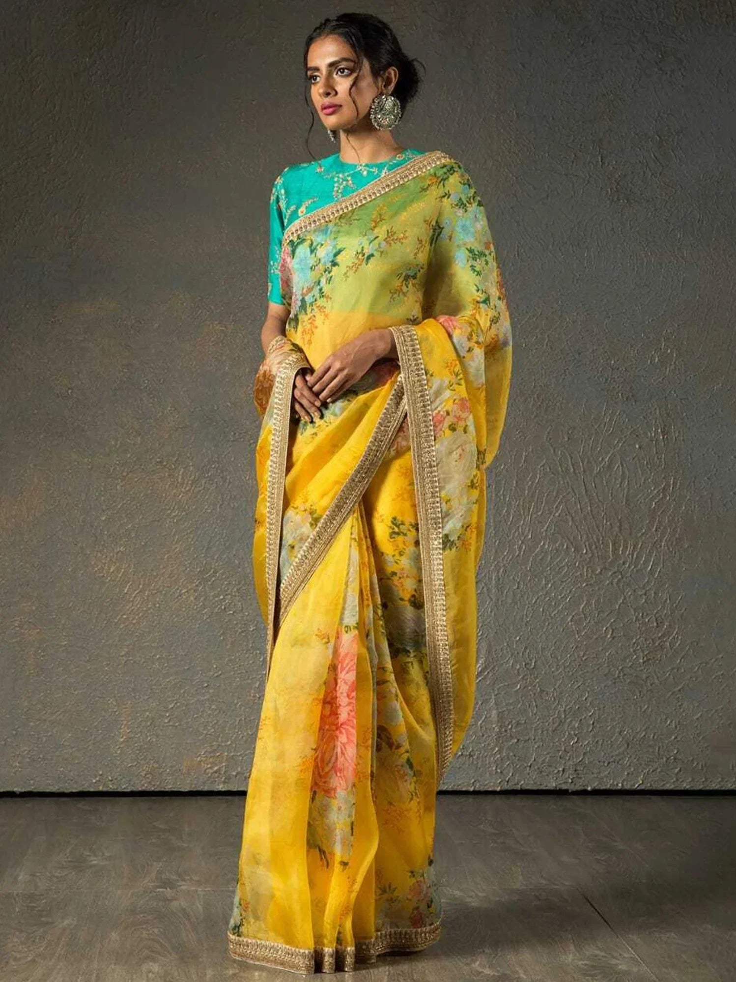 Sabyasachi Yellow Floral Orangza Wedding Wear Saree With Blouse