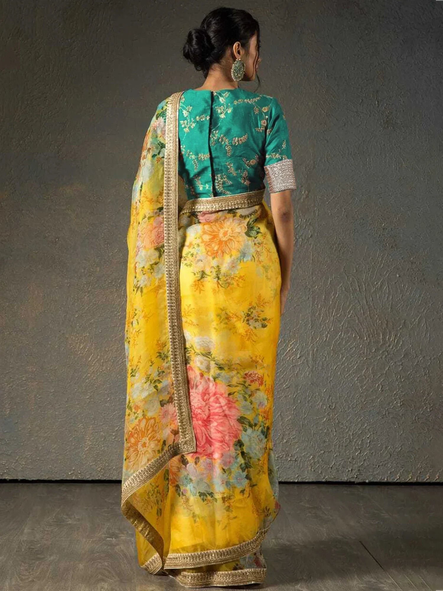 Sabyasachi Yellow Floral Orangza Wedding Wear Saree With Blouse