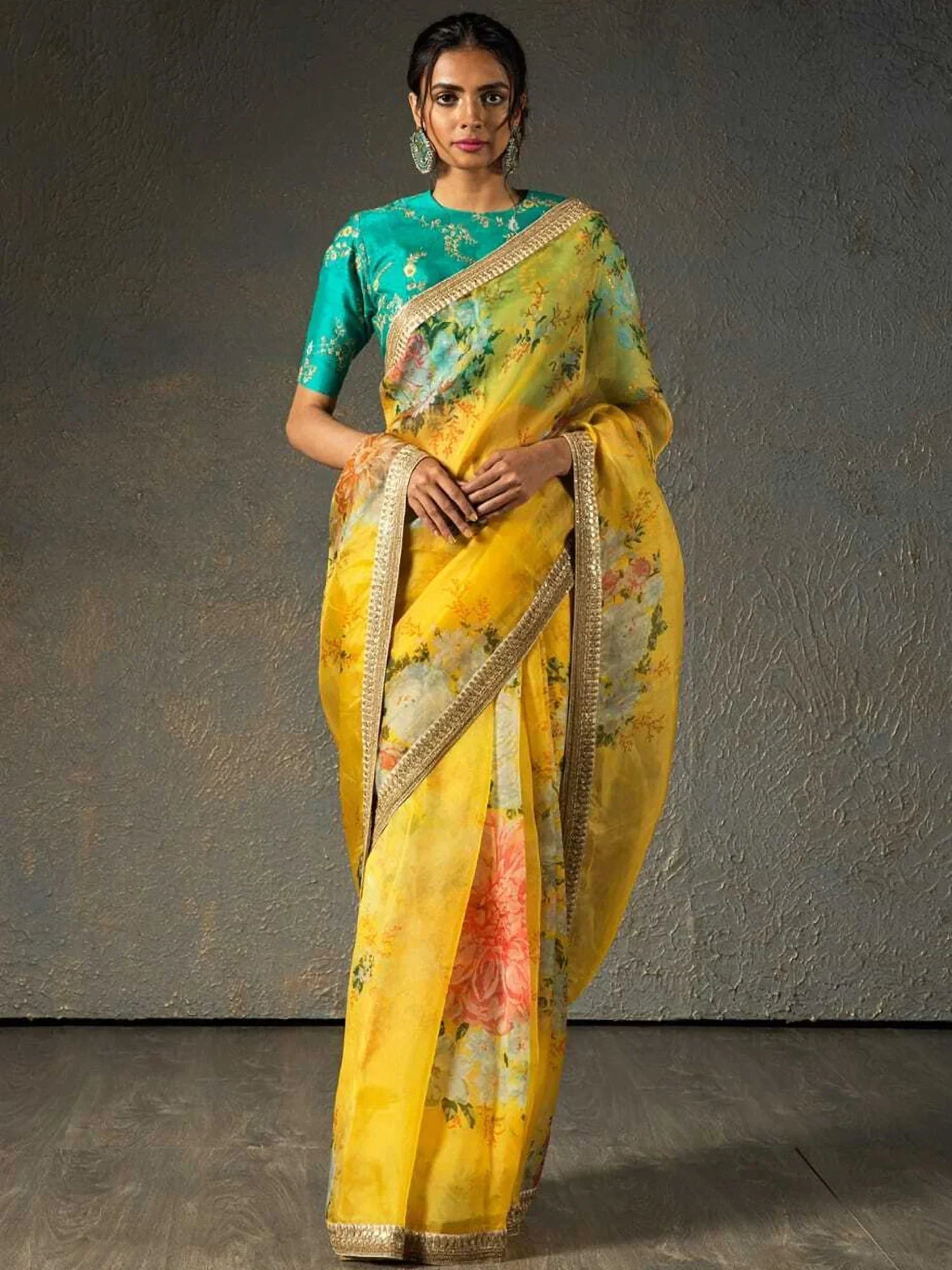 Sabyasachi Yellow Floral Orangza Saree With Blouse