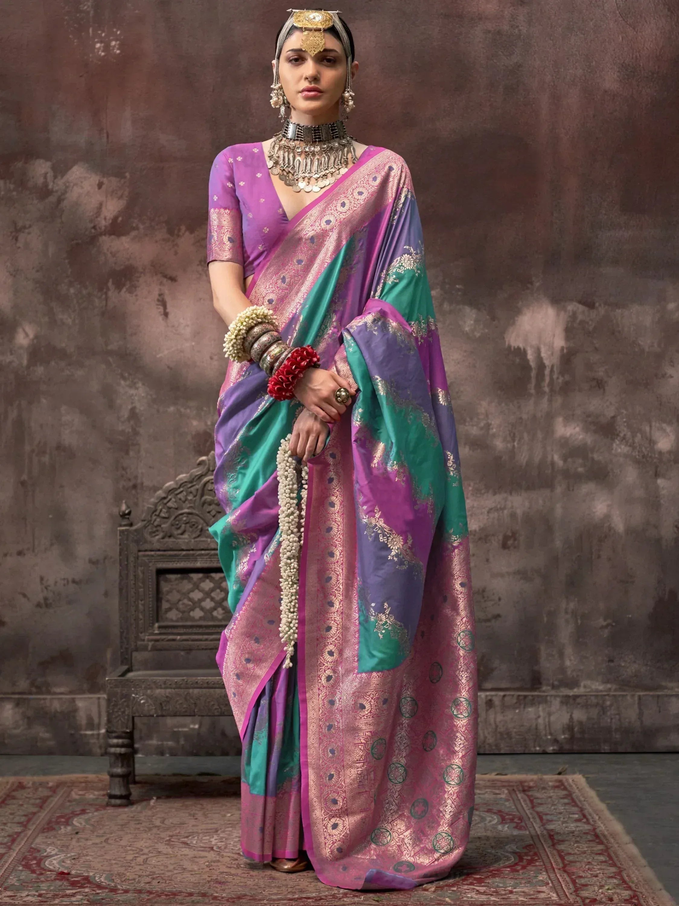 Purple and green designer saree with gold embroidery, traditional Indian ethnic wear for weddings and festivals