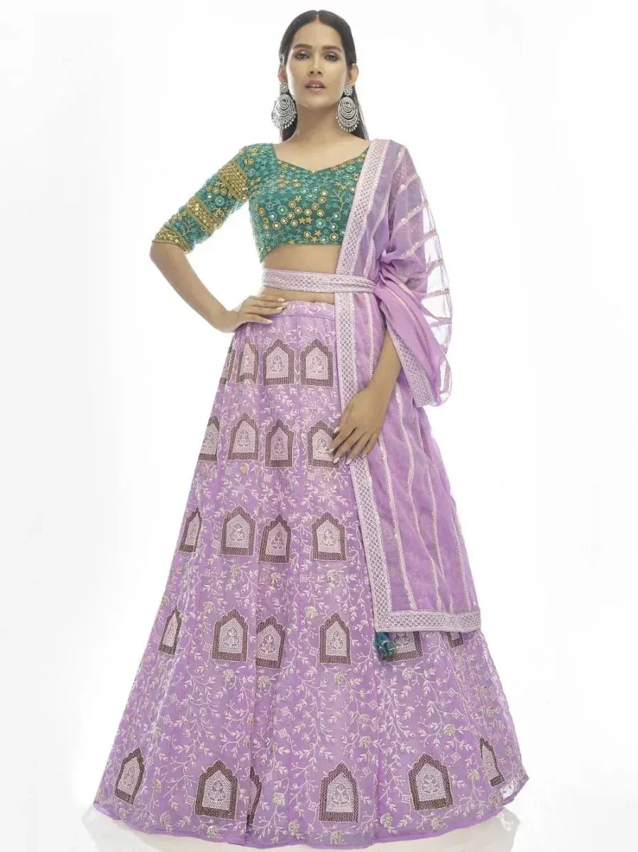 Purple printed lehenga choli with green embroidered blouse, ethnic Indian wear for women
