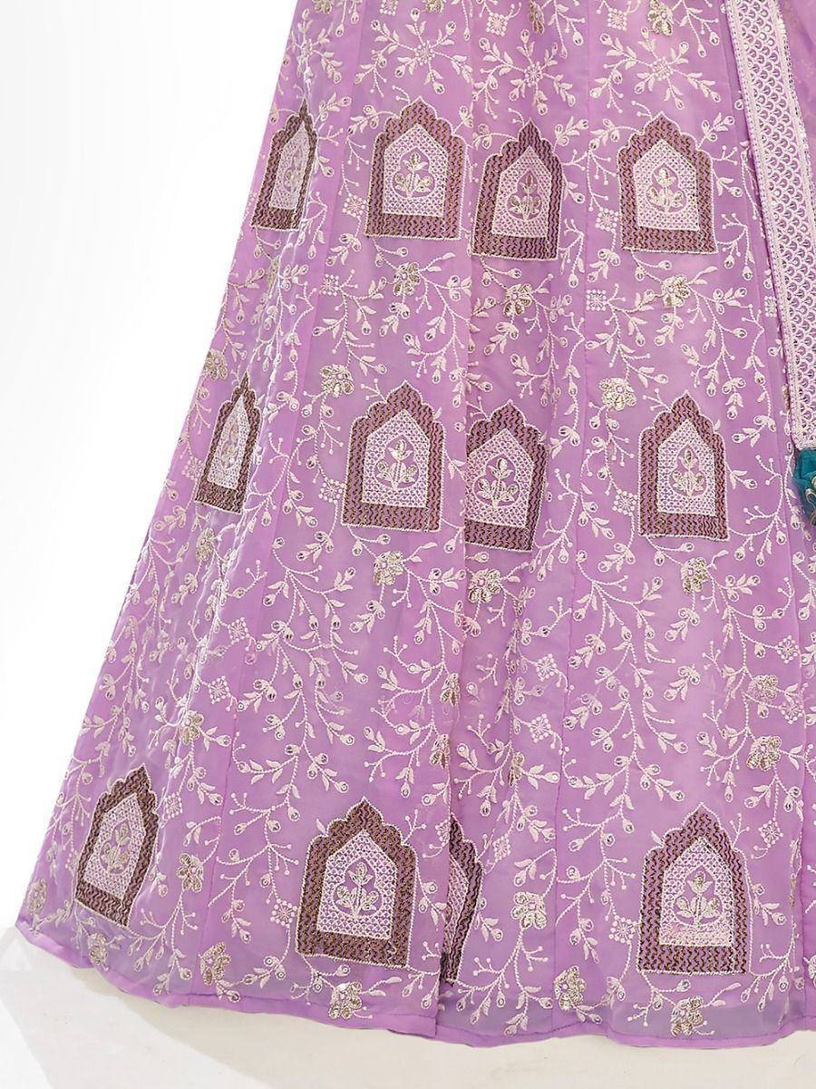 Lavender lehenga with intricate floral and arch embroidery, perfect for Indian ethnic wear