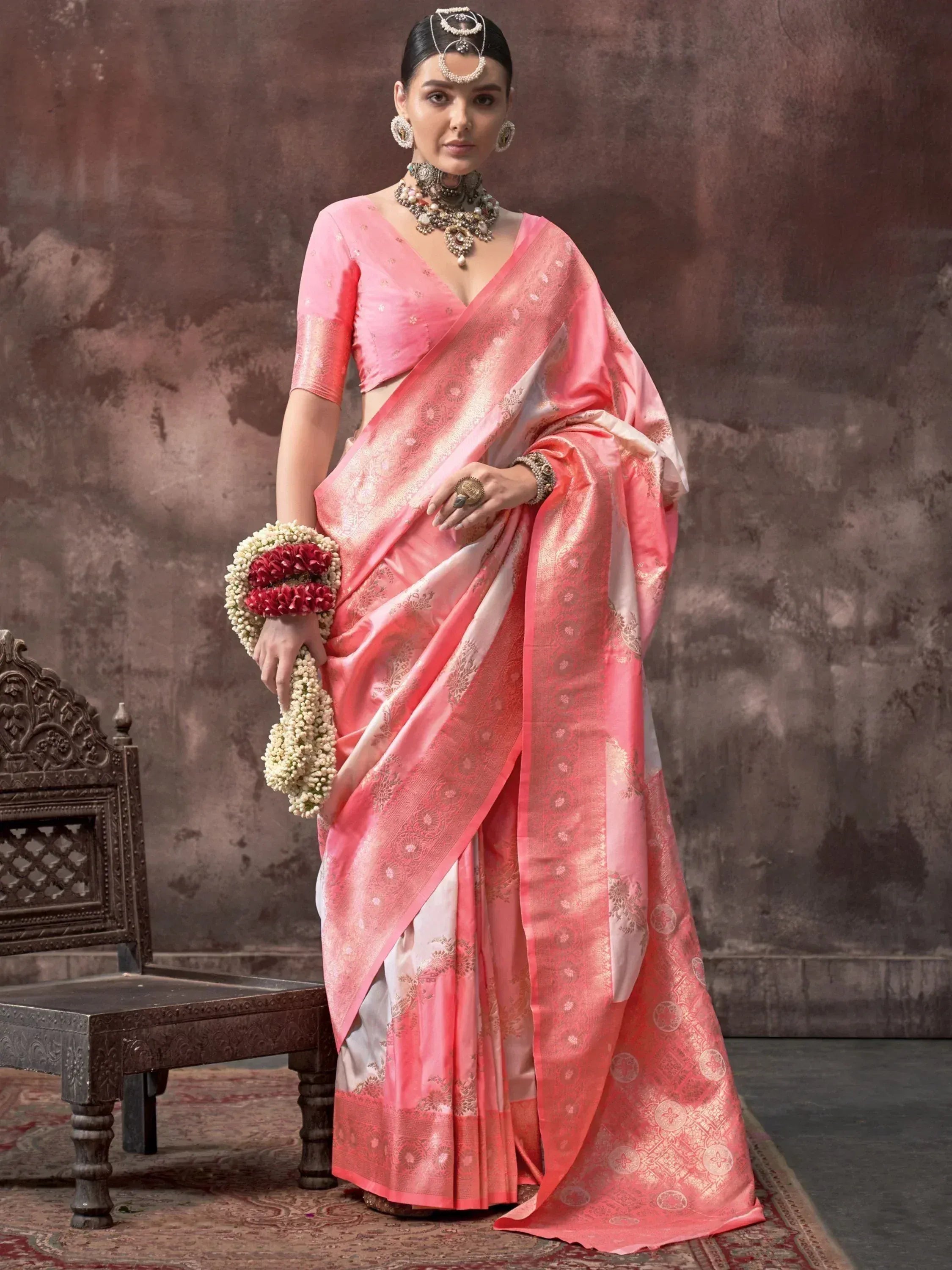Pink and white designer saree with gold embroidery, traditional Indian ethnic wear for women