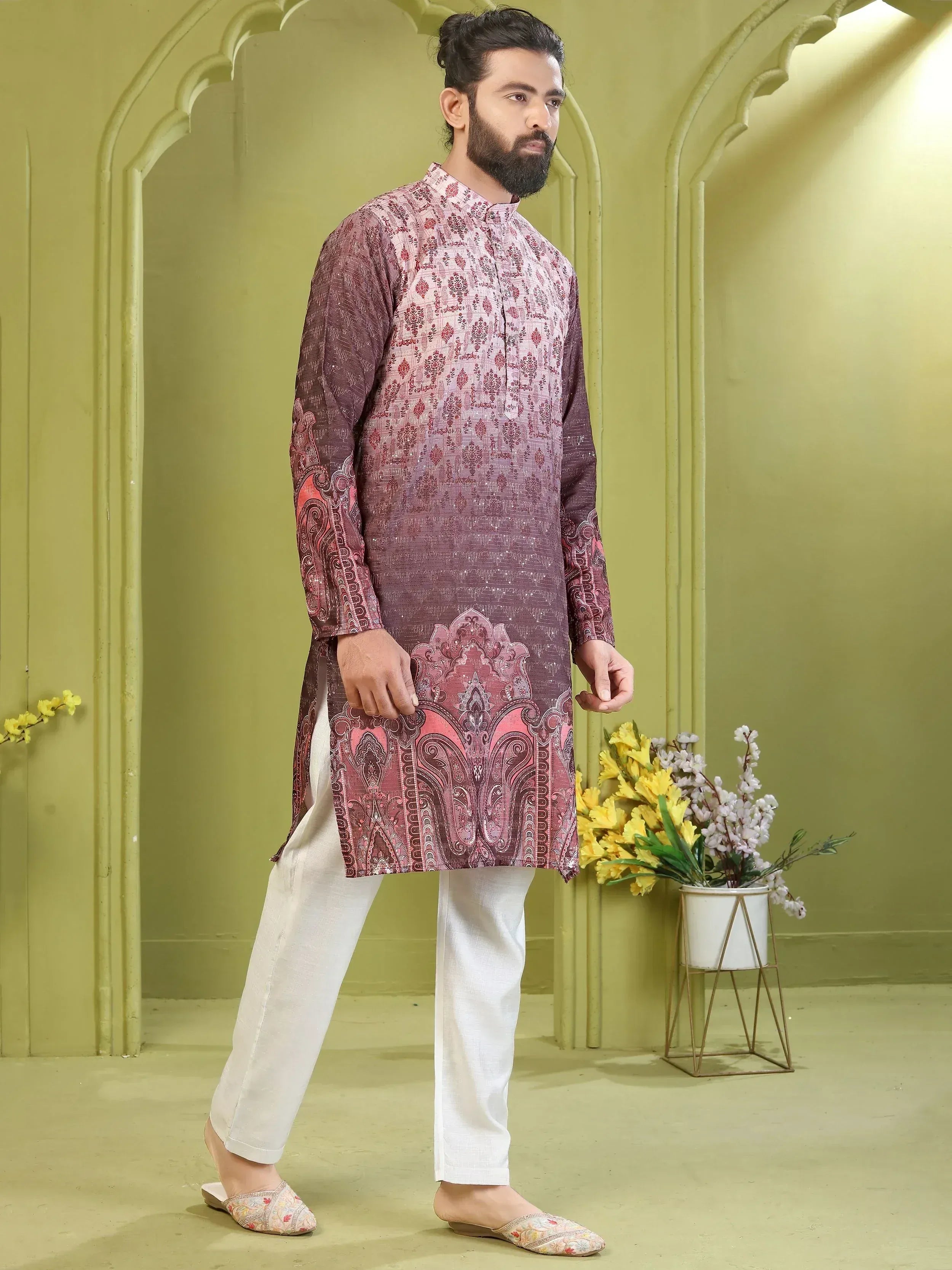 Glowing Dusty Purple Embroidered Rayon Festival Wear Men’s Kurta