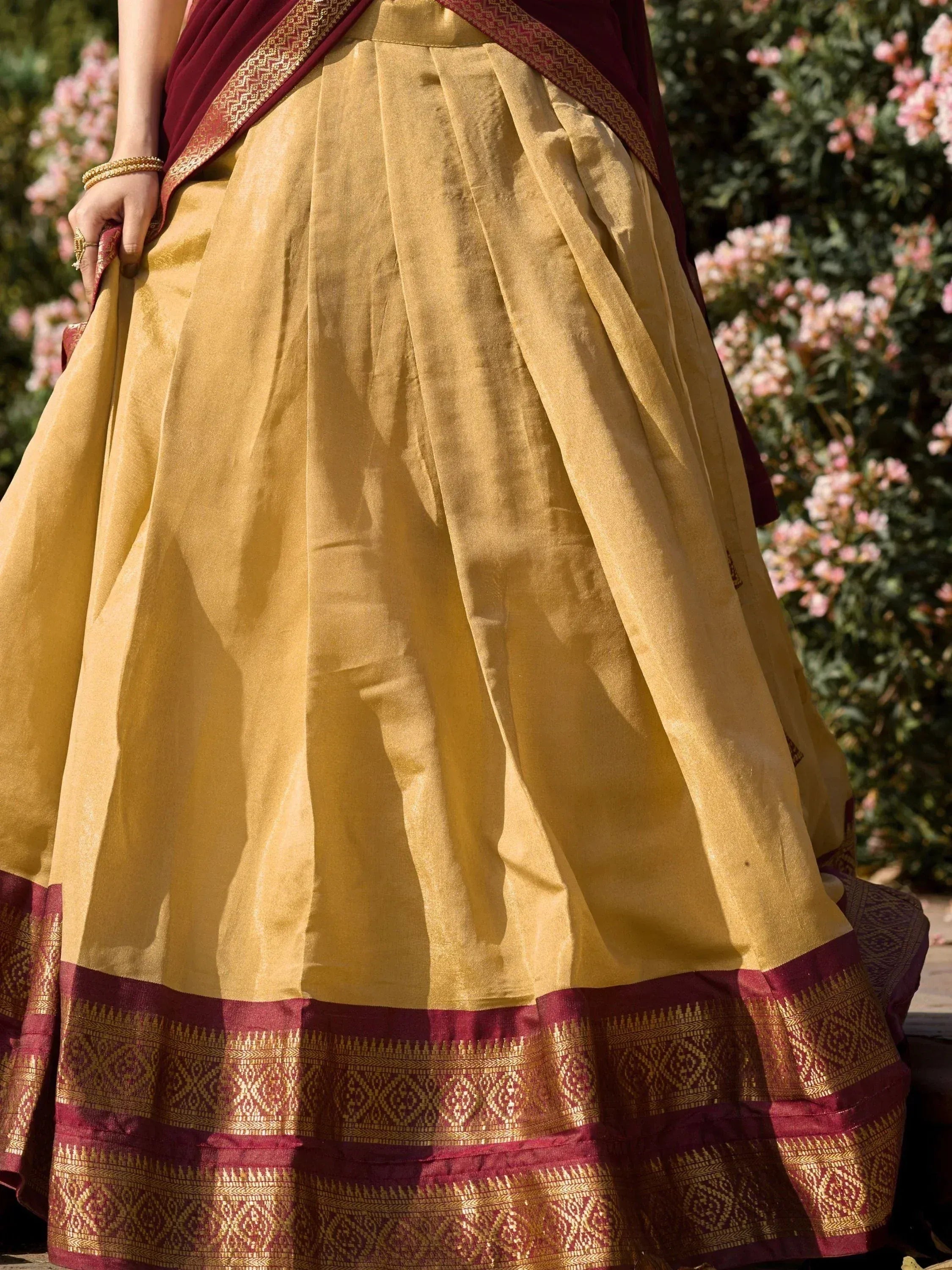 Golden lehenga with maroon border, ethnic Indian wear for women, traditional designer skirt with intricate patterns