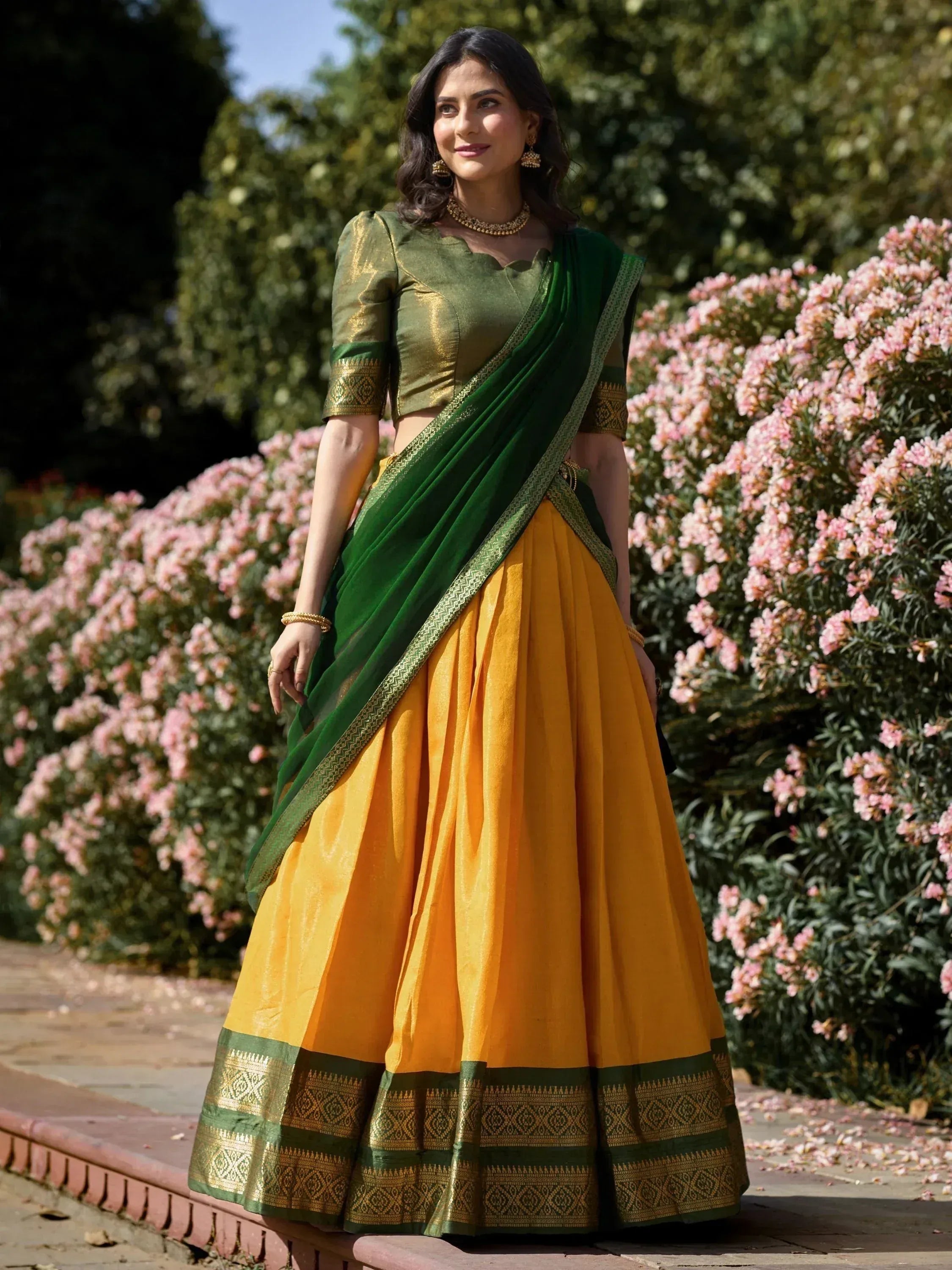 Green and yellow lehenga choli with gold embroidery, perfect for Indian ethnic wear occasions