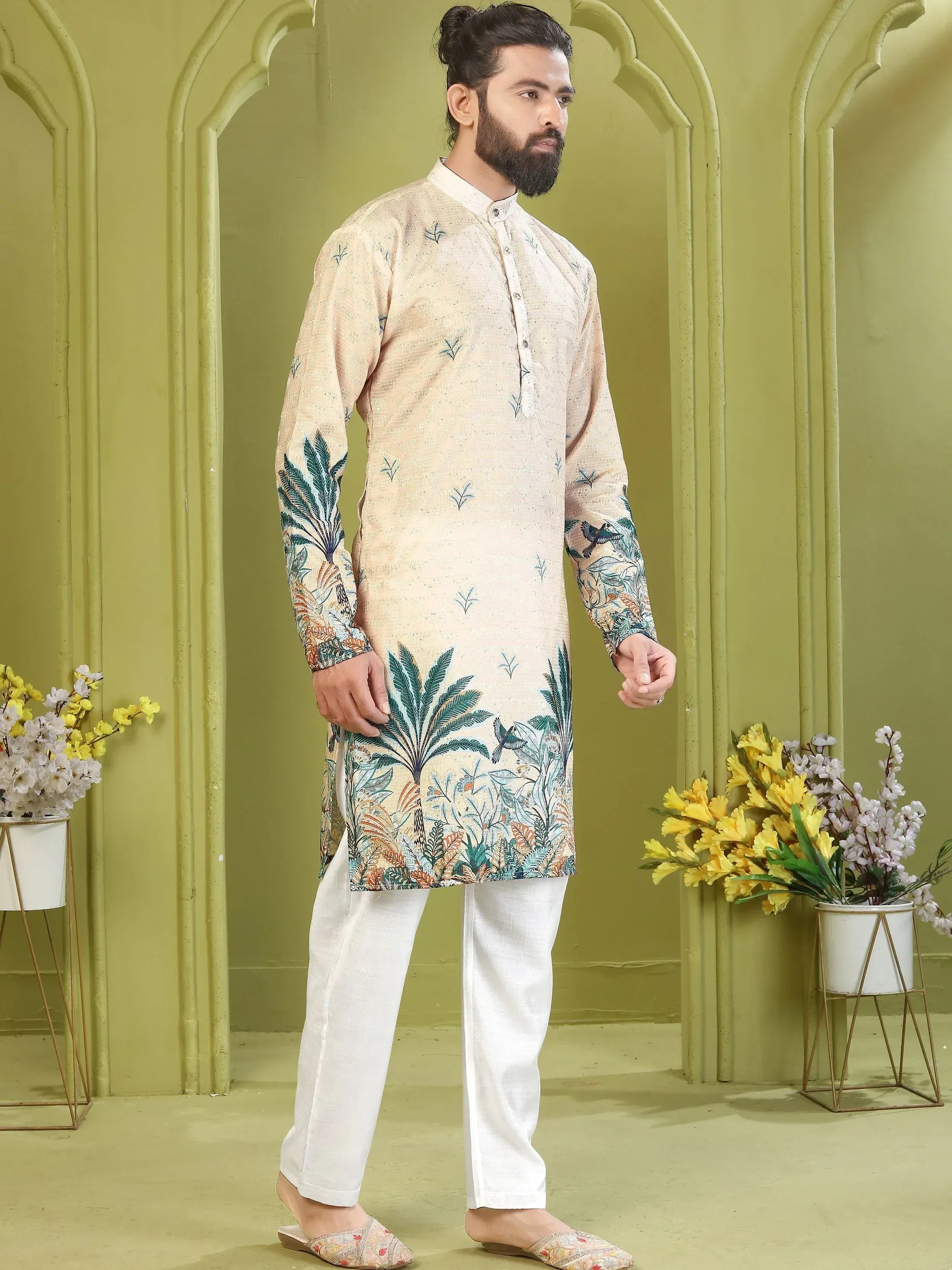 Sparkling Beige Embroidered Rayon Function Wear Men’s Kurta