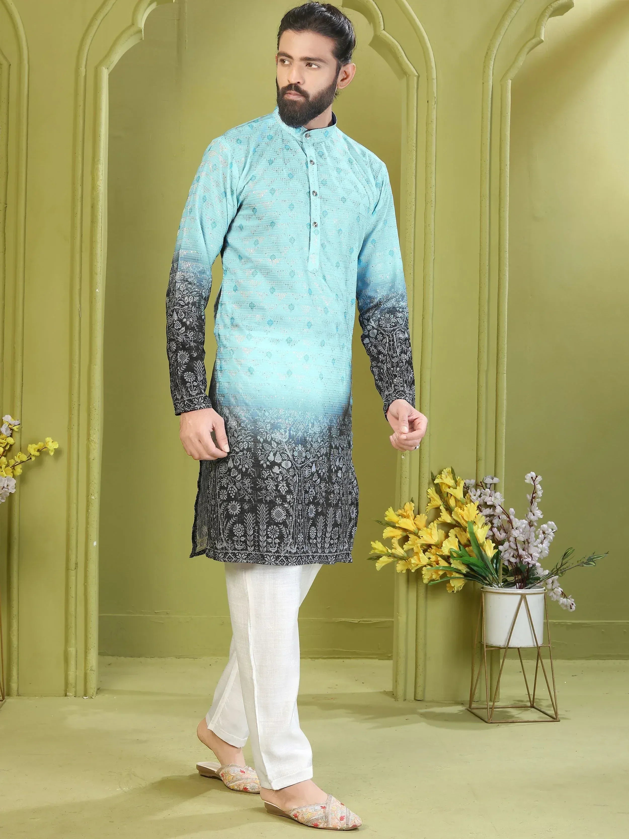 Adorable Sky Blue Digital Printed Rayon Wedding Wear Men’s Kurta