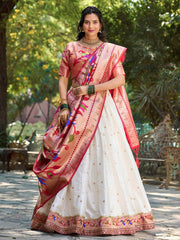 Impressive White Jacquard Silk Zari Work Lehenga Choli With Dupatta