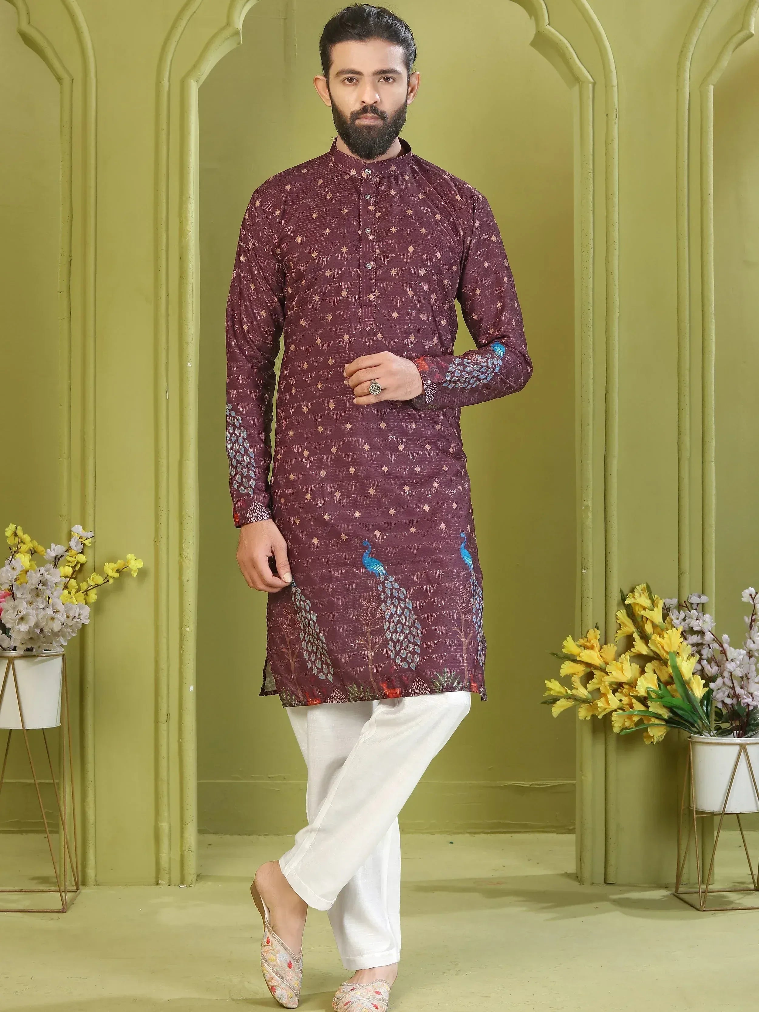 Wonderful Wine Digital Printed Rayon Festive Wear Men’s Kurta