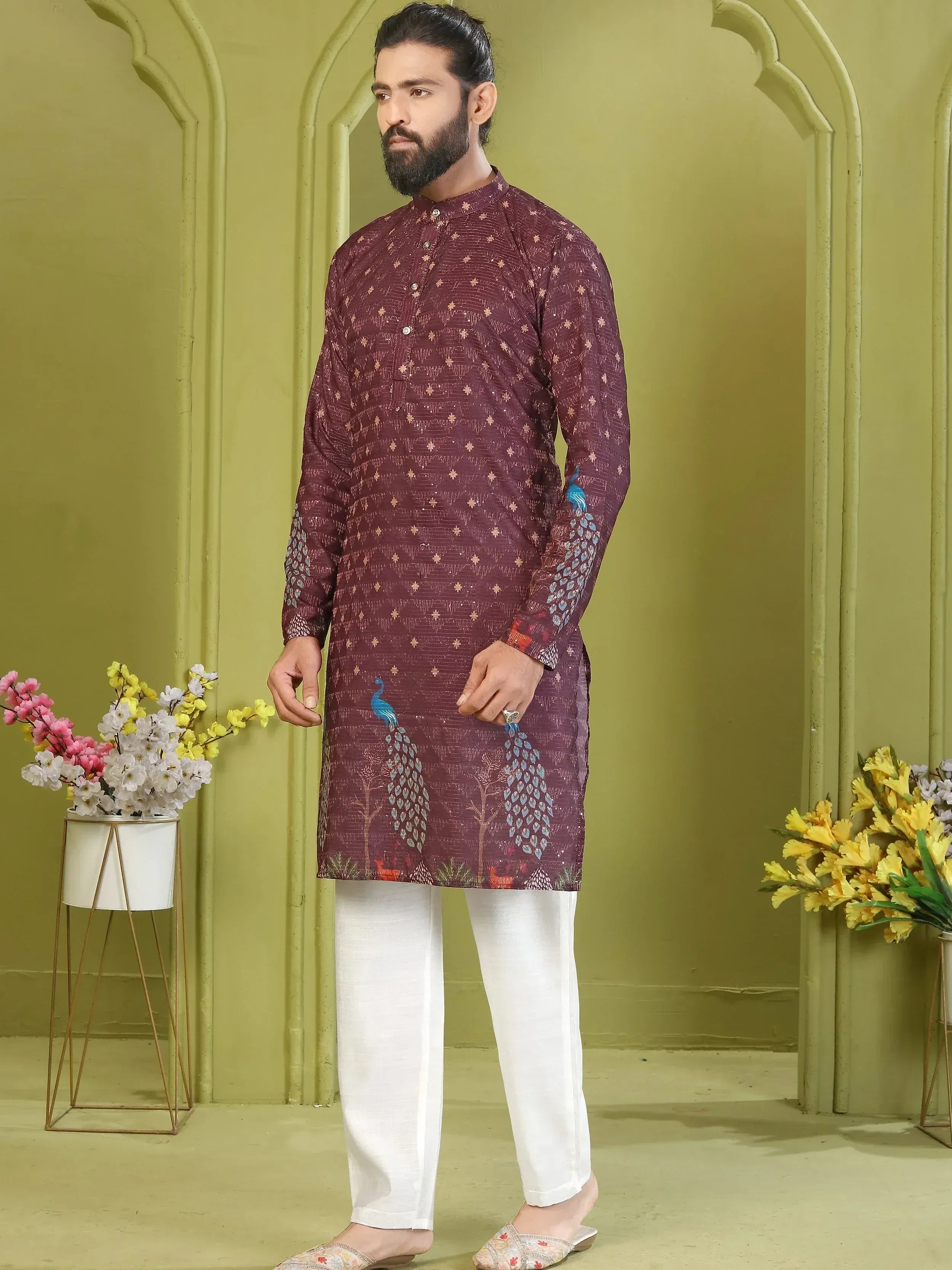 Wonderful Wine Digital Printed Rayon Festive Wear Men’s Kurta