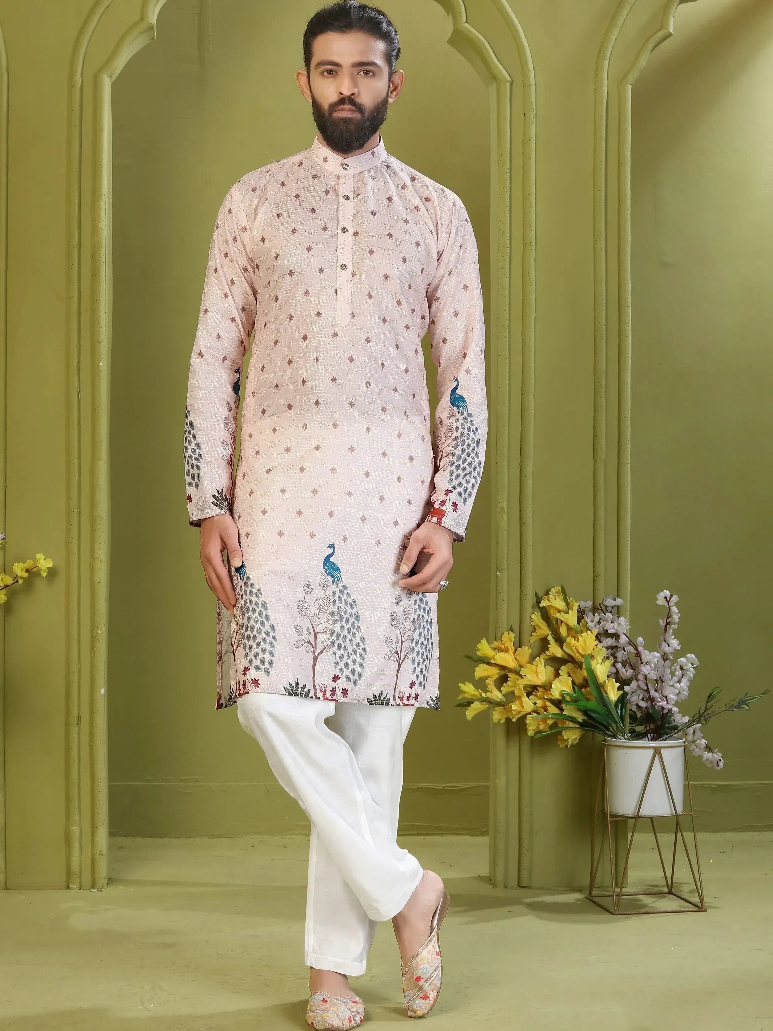 Incredible Soft Peach Digital Printed Rayon Function Wear Men’s Kurta