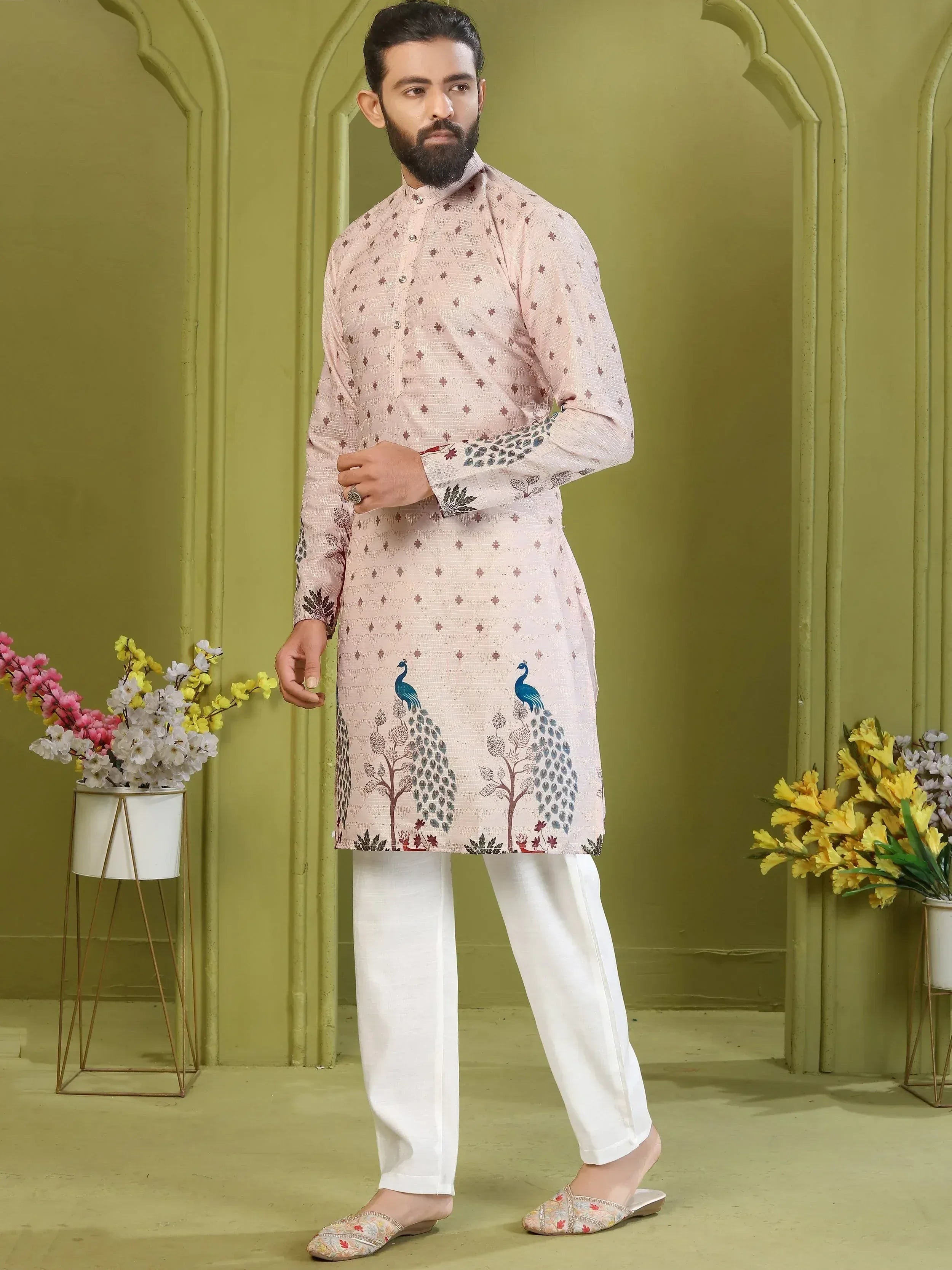 Incredible Soft Peach Digital Printed Rayon Function Wear Men’s Kurta